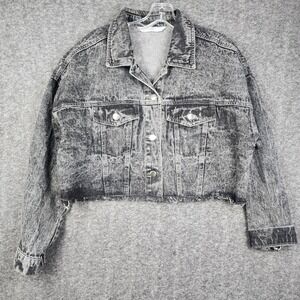 Highway Jeans Denim Jacket Womens L Gray Acid Wash Cropped Raw Hem Elastic Back